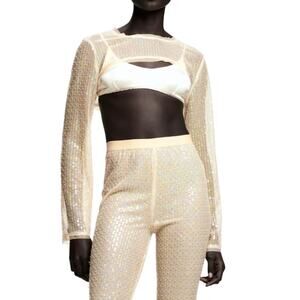 ZARA Sheer Mesh Cream Sequin Beaded Crop Top Shrug Bolero M